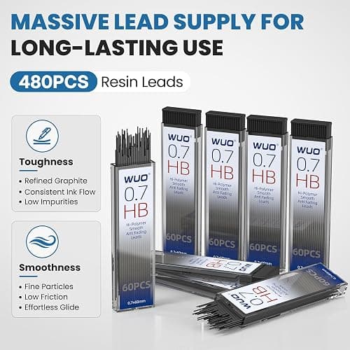 WUO 0.7mm Mechanical Pencil Set with Case, 4PCS Metal Mechanical Pencils with Eraser Pen, 480 HB Lead Refills, 3 Erasers, 11 Eraser Refills, Artist Drafting Pencils for Writing, Drawing, Sketching thumbnail 8