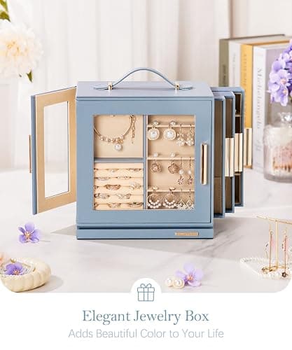 Homde Christmas Gifts Jewelry Box 360° Rotating, Necklace Earring Organizer with Transparent Window, Mirror, 7 Drawers, Large Ring Display Storage Case for Girls Women (Grey Blue) thumbnail 9