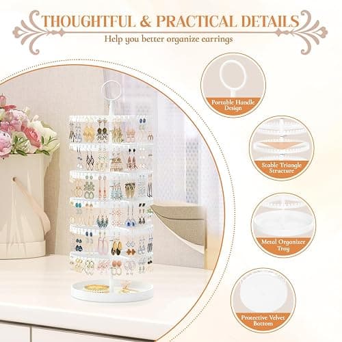 iDavosic.ly 6 Tier Rotating Earring Holder Organizer with Metal Tray, Adjustable Plastic Dangle Display Stands Tree with 342 Grooves, Large Hoop Storage Rack Tower, White thumbnail 6