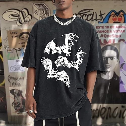 Pairxily Oversized Mens Graphic Tees Bat Print Vintage Shirt Streetwear Acid Wash Cotton Tshirt Baggy Y2k Short Sleeve Tops thumbnail 3