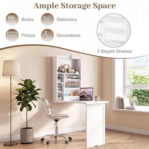 Tangkula Folding Wall Mounted Desk, Convertible Fold Out Floating Table with Storage Shelves, Space-Saving Drop Leaf Table, Murphy Desk for Craft, Study, Small Spaces, Home Office, Dorm, White thumbnail 7
