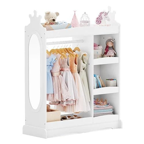 Curipeer Kids Dress up Storage with Mirror, Kids Wardrobe with 3 Hooks, Kids Closet for Girls Boys, Open Hanging Armoire Costume Organizer for Bedroom, Preschool, Classroom, White thumbnail 7
