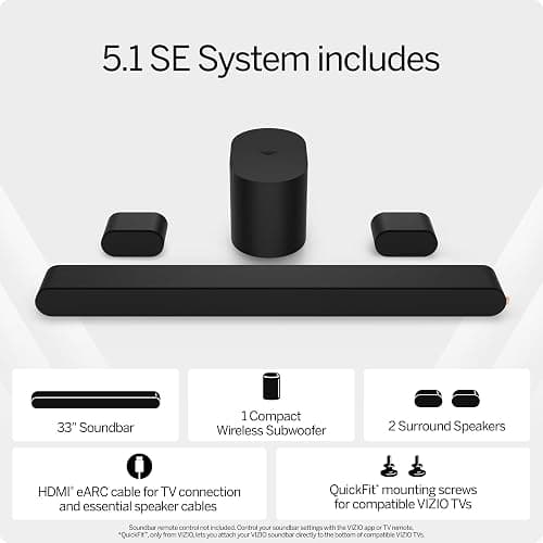 VIZIO 5.1 Soundbar SE, Wireless Subwoofer, Surround Sound w/Dolby Atmos & DTS:X, Bluetooth Speaker, QuickFit™ Compatible – SV510X-08 (New, 2024 Model) thumbnail 3