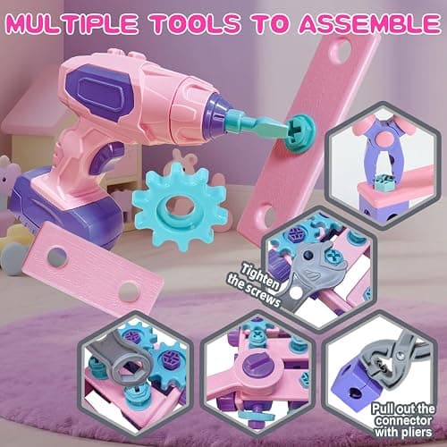 Pink Kids Tool Set for Girls,Toddler Tool Set with Drill &Toolbox,STEM Montessori Toys for 3 4 5 Year Old,Pretend Play Kid Toy,Educational Construction Toy for 3-6 Year Old Girl,Birthday Gift for Kids thumbnail 5