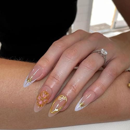 GlamRays Lot de 24 faux ongles à presser en forme d'amande française, moyens, avec motifs floraux 3D, automne nude, faux ongles, pointes scintillantes thumbnail 6