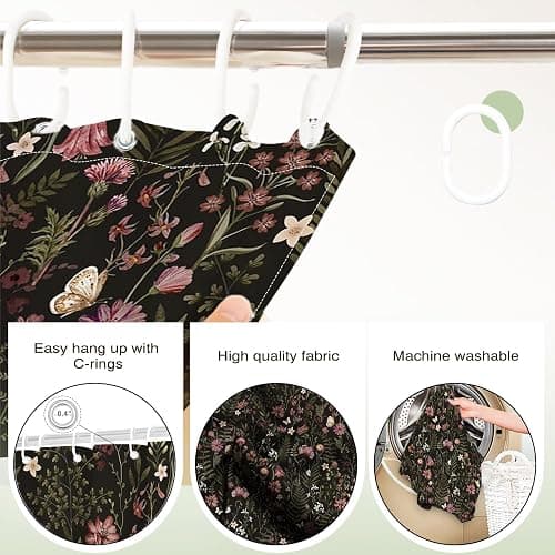 Lindameler Moody Black Botanical Shower Curtain Vintage Floral Bathroom Curtain Dark Wildflower Modern Bathroom Decor (Black, 72 X 72 INCH) thumbnail 9