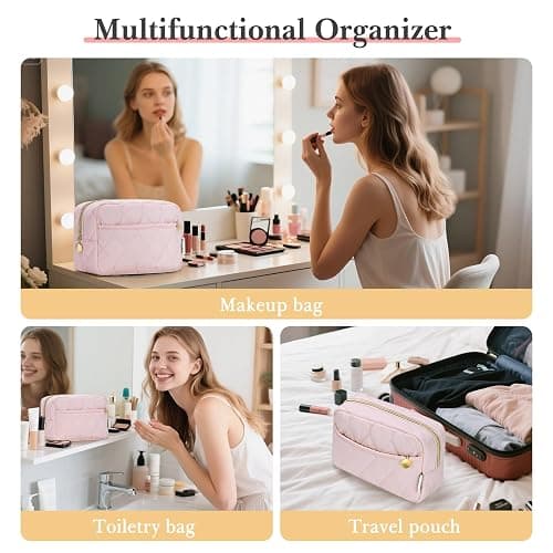 Noozion Makeup Bag, Travel Cosmetic Bag, Puffy Padded Make Up Bag for Women, Makeup Organizer Case, Wide-open Pouch Purse, Travel Essentials - Pink thumbnail 6
