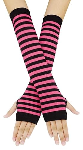 Bienvenu Womens Socks Striped Knee High Socks Arm Warmer Fingerless Gloves Set - Fuchsia thumbnail 2