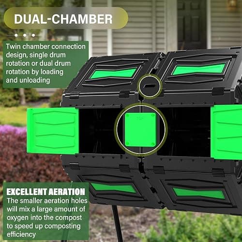 AACULPET Compost Bin Outdoor 45 Gallon / 170L Dual Chamber Composter, 360° Rotating Compost Barrel, BPA-Free Fast-Working All-Season Heavy-Duty Large Compost Tumbler for Garden Kitchen Yard Waste thumbnail 6