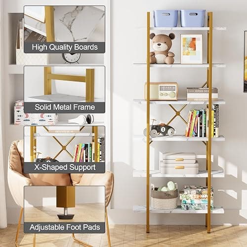 Azheruol 6 Tiers Bookshelf Organizer White Faux Marble Shelf,Modern Open Display Storage Bookcase, and Metal Bookshelf Standing Storage Shelf Tall Shelving Units for Home Office Study thumbnail 5
