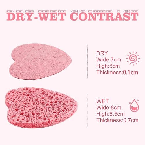 60-Count Compressed Facial Sponges with Container, Heart Shape Compressed Face Sponge, 100% Natural Sponge Pads for Face Cleansing, Massage, Pore Exfoliating Mask, Makeup Removal (Pink) thumbnail 5