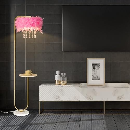 beaysyty Unique Led Pink Feather Floor Lamp with Tray,Ostrich Feather Stand Lamp,Living Room Bedroom Office Shop Window Decoration Lamp,Foot Switch and Brass/Gold Finish Arc Floor Lamp thumbnail 5
