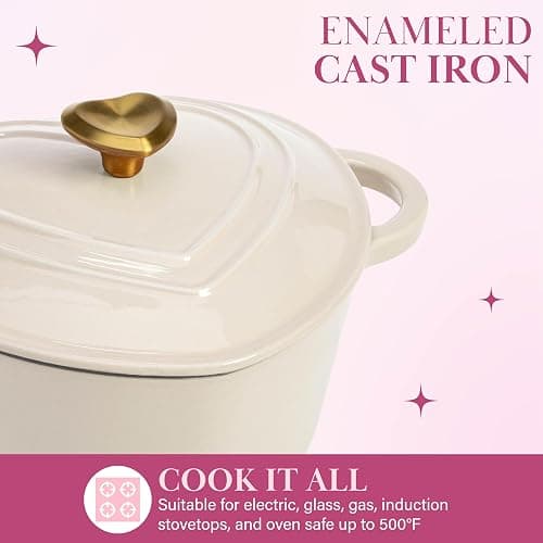 Paris Hilton Enameled Cast Iron Dutch Oven Heart-Shaped Pot with Lid, Dual Handles, Works on All Stovetops, Oven Safe to 500°F, 2-Quart, Cream thumbnail 5