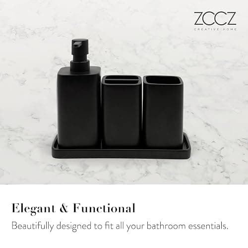 ZCCZ Matte Black Bathroom Accessory Sets, 4 Pieces Bathroom Accessories Complete Set Vanity Countertop Accessory Set, Includes Lotion Dispenser Soap Pump, Tumbler, Toothbrush Holder and Tray - Matte Black thumbnail 3