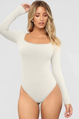 OQQ Women's 2 Piece Bodysuits Sexy Ribbed One Piece Square Neck Long Sleeve Tops thumbnail 5