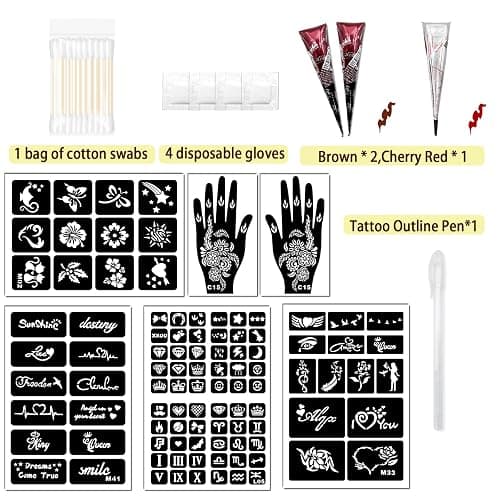 Temporary Tattoo Kit for Teens & Adults – 3 Tattoo Pastes (2 Brown+Cherry Red), 100pcs Reusable Stencils, Outline Pen, Long Lasting Waterproof Body Art, DIY Skin Painting for Festivals, Parties Makeup thumbnail 2