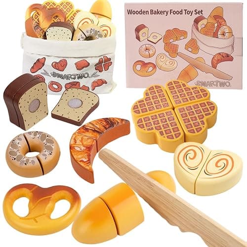 Smartwo Cibo Giocattolo Legno, Accessori Cucina Bambini, Giochi di Legno per bambini 2-3 anni montessori, Pane Tagliare, Regali di Compleanno e Natale Adatti a Bambini e Bambine - Image 1