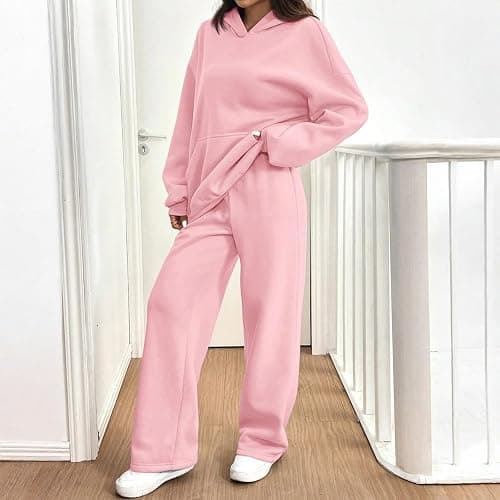 Sweatsuits Women 2 Piece Outfit Fleece Cute Oversized Hoodies Y2k High Waisted Baggy Wide Leg Sweatpants with Pockets thumbnail 5