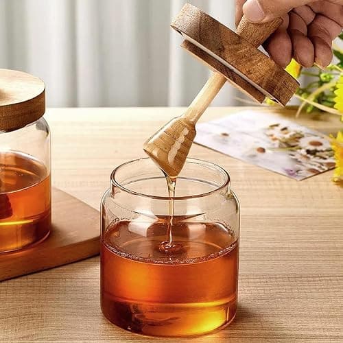 hiwafifi Glass Honey Jar with Dipper and Lid, 14 OZ Airtight Honeypot with Acacia Wood Lid, Coffee Syrup Dispenser, Round Honey Storage Container, Kitchen Dining Gifts for Her Bar Accessories thumbnail 6