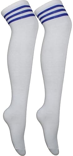Cherry-on-Top Thigh High Socks & Knee High Stripe Sock � White Over the Knee Socks for Women, Cheerleader Fancy Dress, Pub Golf - Image 1