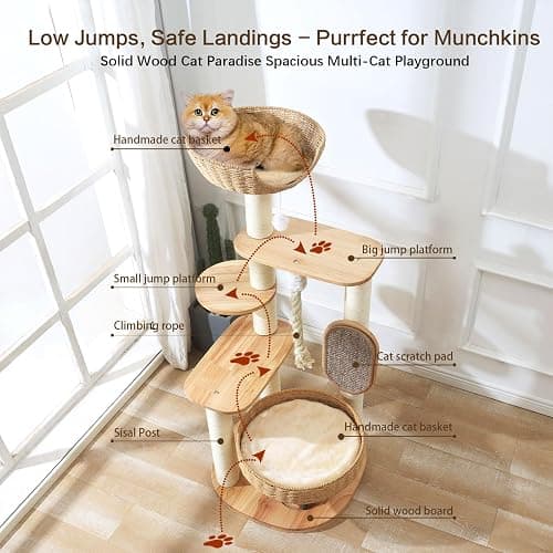 JLDUQKUM Wooden Cat Tree for Large Cat, 49.6IN Tall Cat Tower with Scratching Post for Indoor Cats, Multi-Level Cat Condo with Hand-Woven Cat Bed and Scratching Board Easy to Clean thumbnail 3