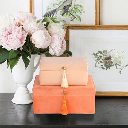 HofferRuffer Velvet Jewelry Boxes Decorative Boxes, Storage Accessory Organizer Boxes with Elegant Handle Decor, Classic Velvet Set of 2 Pieces (Orange) thumbnail 4