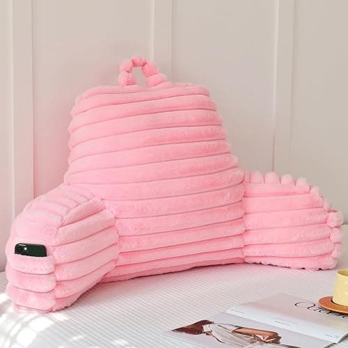Yaoshuho Large Reading Pillow for Adults, Back Support Pillow for Sitting Up in Bed with Arms, Couch for Lounging Bedrest, Pink - Image 1