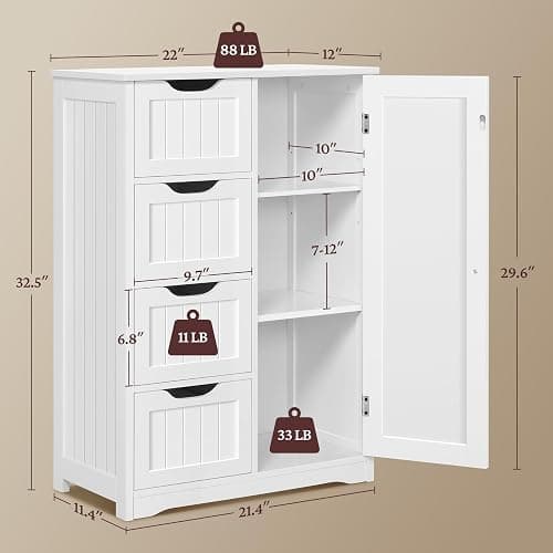 Yaheetech Wooden Floor Cabinet, Side Storage Organizer with 4 Drawers and 1 Cupboard, Freestanding Entryway Storage Unit Console Table, Bathroom Furniture Home Decor, White thumbnail 3