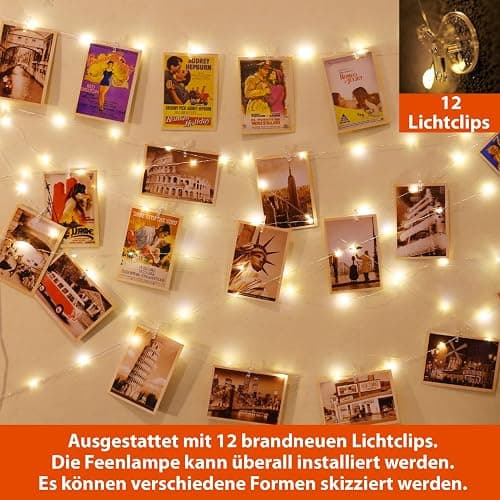 120 LEDs Fotoclips Lichterkette, Warmweiß 40ft Lichterkettes mit 52 Klammern und 12 Haken an der Wand, Timer 8 Modi USB Batteriebetrieben Foto Lichterkette für Bilder,Zimmer, Weihnachten, Hochzeiten - Warmweiß thumbnail 3
