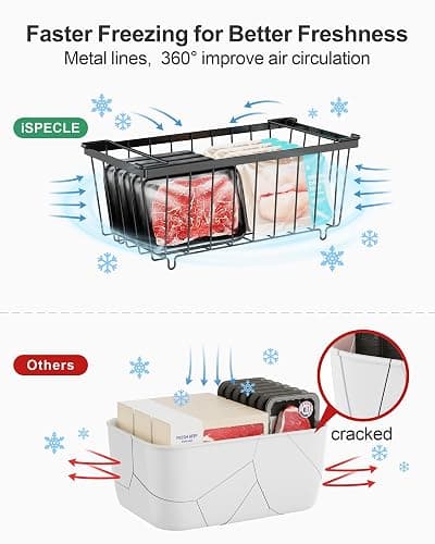 iSPECLE Freezer Storage Bins - 6 Pack Small Stackable Deep Freezer Organizer Bins for Most 7 Cu.FT Chest Freezer Sort Frozen Food, Freezer Basket with Handles Easy to Get Food from Bottom, Black thumbnail 6