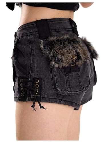 WDIRARA Women's Fuzzy Low Rise Denim Shorts Lace Up Vintage Mini Jean Shorts Streetwear thumbnail 2