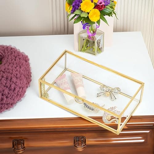 ZEXALOR Clear Glass Decorative Box for Organizing Photos, Jewelry, Small Items - Golden Dresser Drawer Organizer, Transparant Small Storage Bin Container with Lid (Upgrade, 8x4,3x2,3") thumbnail 6