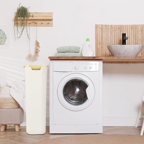 Slim Laundry Hamper with Lid - 60L Narrow Laundry Hamper with Lid, Dirty Clothes Hamper Small Hampers for Small Space, Slim Laundry Basket with Bamboo Handle (Beige) thumbnail 2