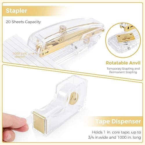 SKYDUE Gold Office Supplies Set, Pencil Holder for Desk,Gel Pen, Stapler, Tape Dispenser, Scissors,Clips and 1000pcs Staples, Office Decor for Women, Gold Desk Accessories thumbnail 5