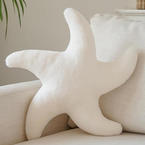 PLAYSKY Starfish Pillow, Cute Decorative Pillows for Couch Bed, Aesthetic Room Decor Accent Pillow Plush with Soft Faux Rabbit Fur for Bedroom Living Room (Ivory White, 14.9 Inches) - Image 1