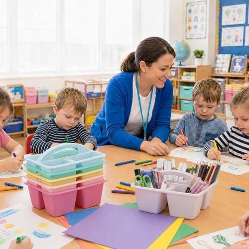 6 Pack Assorted Colors Classrooms Caddy 4 Compartment Classroom Caddy Compartment Caddies Set Table Caddies Classrooms with Handle for Classroom Organization Table Desk Office Supplies(Pink Purple) thumbnail 2