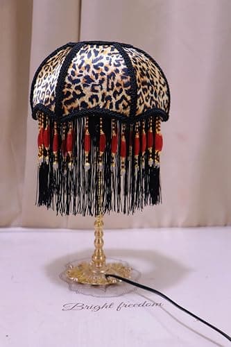 Rynbble Vintage Leopard Print Table Lamp with Black Tassels & Red Beads, Victorian Style Nightstand Lamp, Gold Brass Base, Retro Bohemian Accent Light for Bedroom, Living Room, Home Office thumbnail 2