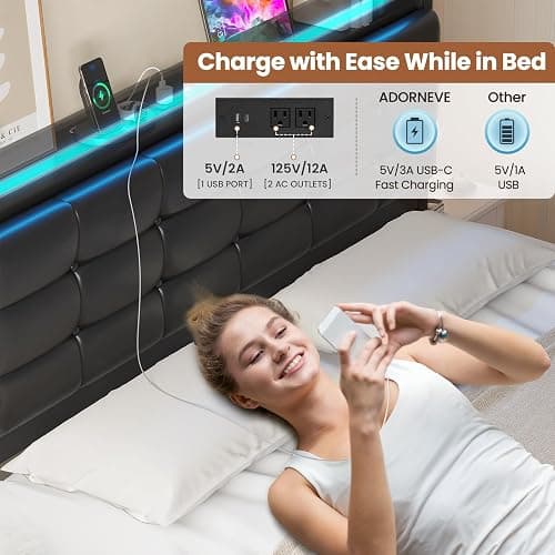 ADORNEVE Queen Bed Frame with Storage Headboard & 4 Drawers, LED Bed Frame Queen with Charging Station, Leather Upholstered Platform Bed Frame with Button Tufted, No Box Spring Needed, Black PU thumbnail 7