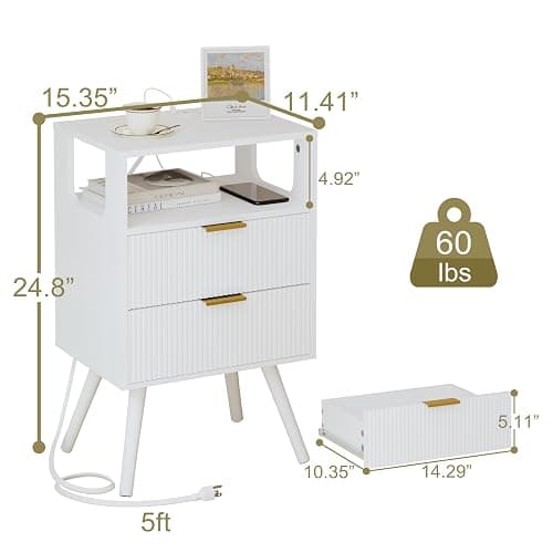 JOONEE White Nightstand with Charging Station and LED Lights,Modern Bedside Table with 2 Storage Drawer and Open Wood Shelf, for Bedroom and Small Spaces,Night Stand with Solid Wood Legs,White thumbnail 2