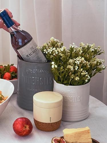 DOWAN 7.2″ Extra Large Kitchen Utensil Holder - Farmhouse Utensil Holder for Countertop - Ceramic Utensil Crock with Protection Cork Mat - Kitchen Decor & Housewarming Gift (Grey) thumbnail 4