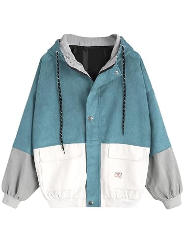ZAFUL Women's Corduroy Loose Jacket Vintage Raglan Sleeve Casual Coat Hooded Windbreaker - Image 1