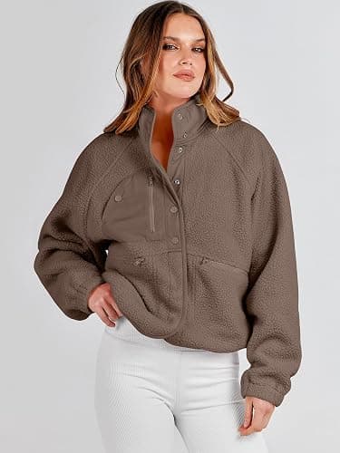 ANRABESS Womens Fuzzy Fleece Jacket Fall Casual Long Sleeve Cropped Sherpa Button Down Shacket Coats Outwear With Pockets thumbnail 9