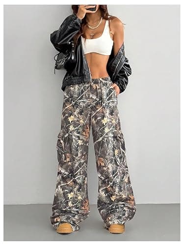 Verdusa Women's Camo Cargo Baggy Pants Y2K Streetwear Drawstring Wide Leg Trousers Flare Sweatpants thumbnail 5