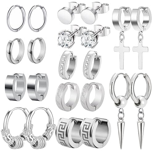 Men Earrings, Funtopia 11 Pairs Stainless Steel Small Hoop Earrings Cross Dangle Earrings Set, Fashion Huggie Earrings Piercing Jewelry for Party Birthday - Image 1