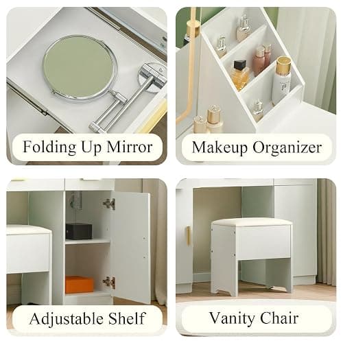 Sylvan Gravity Large Vanity Desk with Mirror and Lights,Makeup Vanity Desk with Folding up Mirror,2 Makeup Organizers and Outlet,for Bedroom,White thumbnail 6