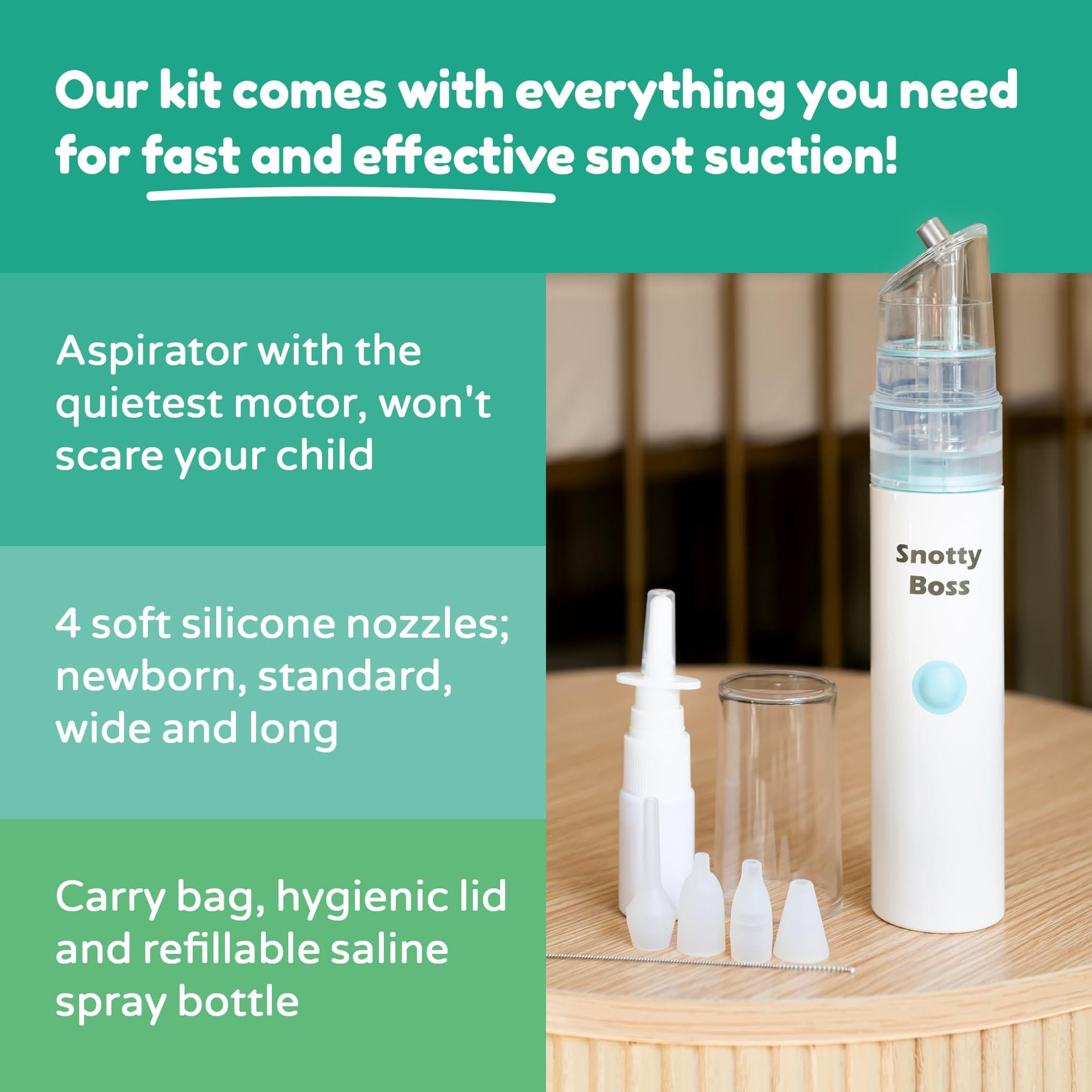 Snotty Boss Baby Nasal Aspirator - Electric Nose Sucker for Baby - Auto Snot & Nose Cleaner Kit with 4 Silicone Tips, Carry Bag & Saline Spray Bottle - AA Battery Operated - Australian Owned thumbnail 3