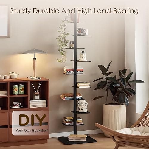 HYHTMER 9-Tier Metal Spine Bookshelf - Vertical Tower for Booksfor Small Spaces, Multipurpose Corner Bookshelf, Tall & Narrow Ladder Bookcase, Ideal Book Display for Home or Office (Orange Color) thumbnail 3