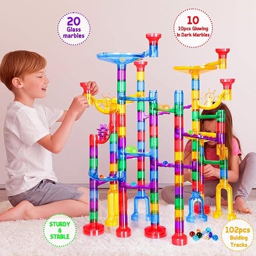 Meland Marble Run - 132Pcs Marble Maze Game Building Toy for Kid, Marble Track Race Set & STEM Learning Toys for Boy Girl Age 3 4 5 6 7 8 9+ (102 Translucent Marbulous Pcs & 30 Glass Marbles) - 132pcs with Glowing Marbles thumbnail 5