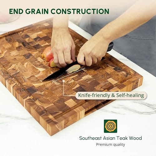 BEEFURNI Teak Wood End Grain Cutting Board (S, 16x12x1.5"), Wooden Cutting Boards for Kitchen with Juice Groove Hand Grip Small, Charcuterie Boards, Serving Board, Christmas Gifts, 1-Year Warranty thumbnail 4