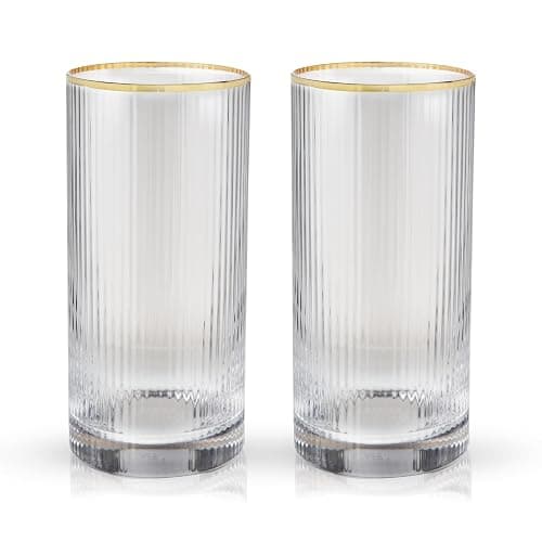 Viski Meridian Highball Glasses Set of 2 - Vintage Drinking Glass, Art Deco Ripple Glassware Design, 15oz Gold Rimmed Collins Glasses Set thumbnail 11